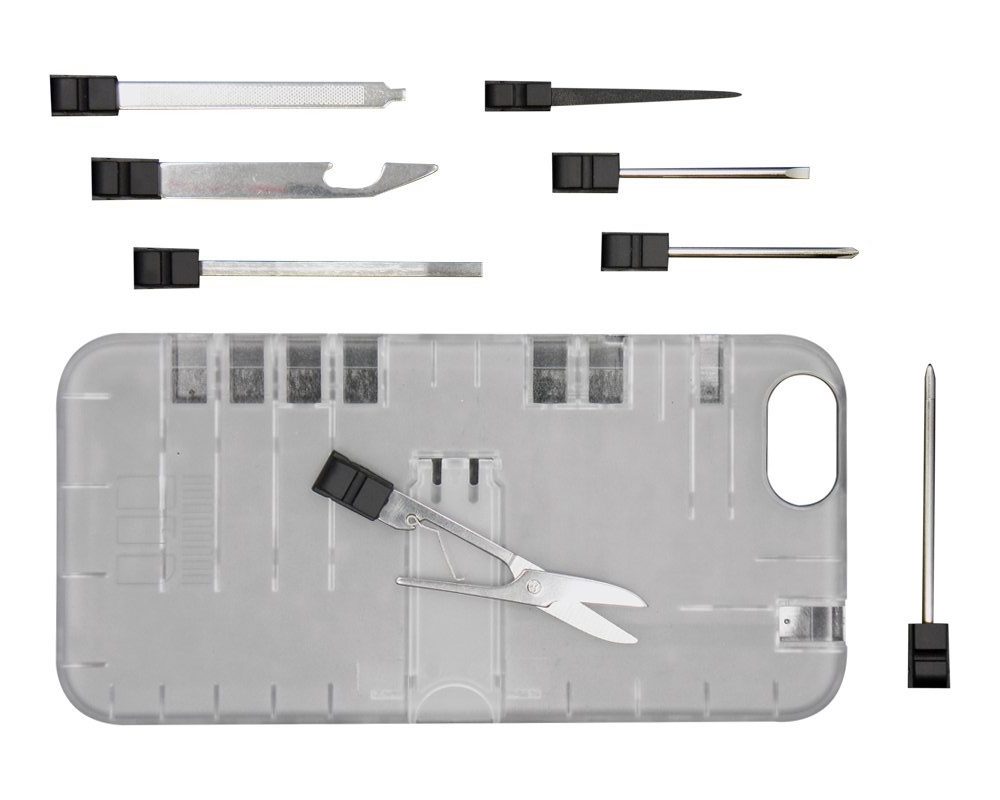 In1 iPhone case with most of the tools removed and placed neatly next to the case