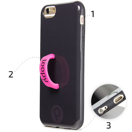 Loopy iPhone case with a zoom-in view of the cutouts